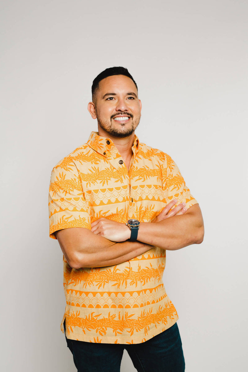 Maile ʻIlima Tapa Print in Kumquat Pull-over Aloha Shirt on Ochre Yarn