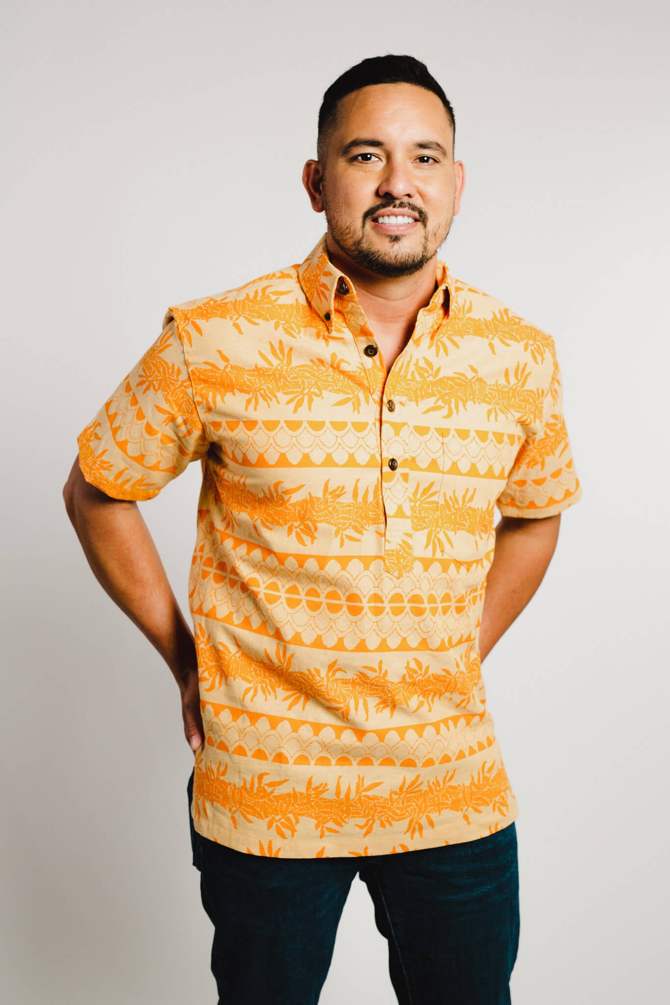 Maile ʻIlima Tapa Print in Kumquat Pull-over Aloha Shirt on Ochre Yarn Dyed  Linen