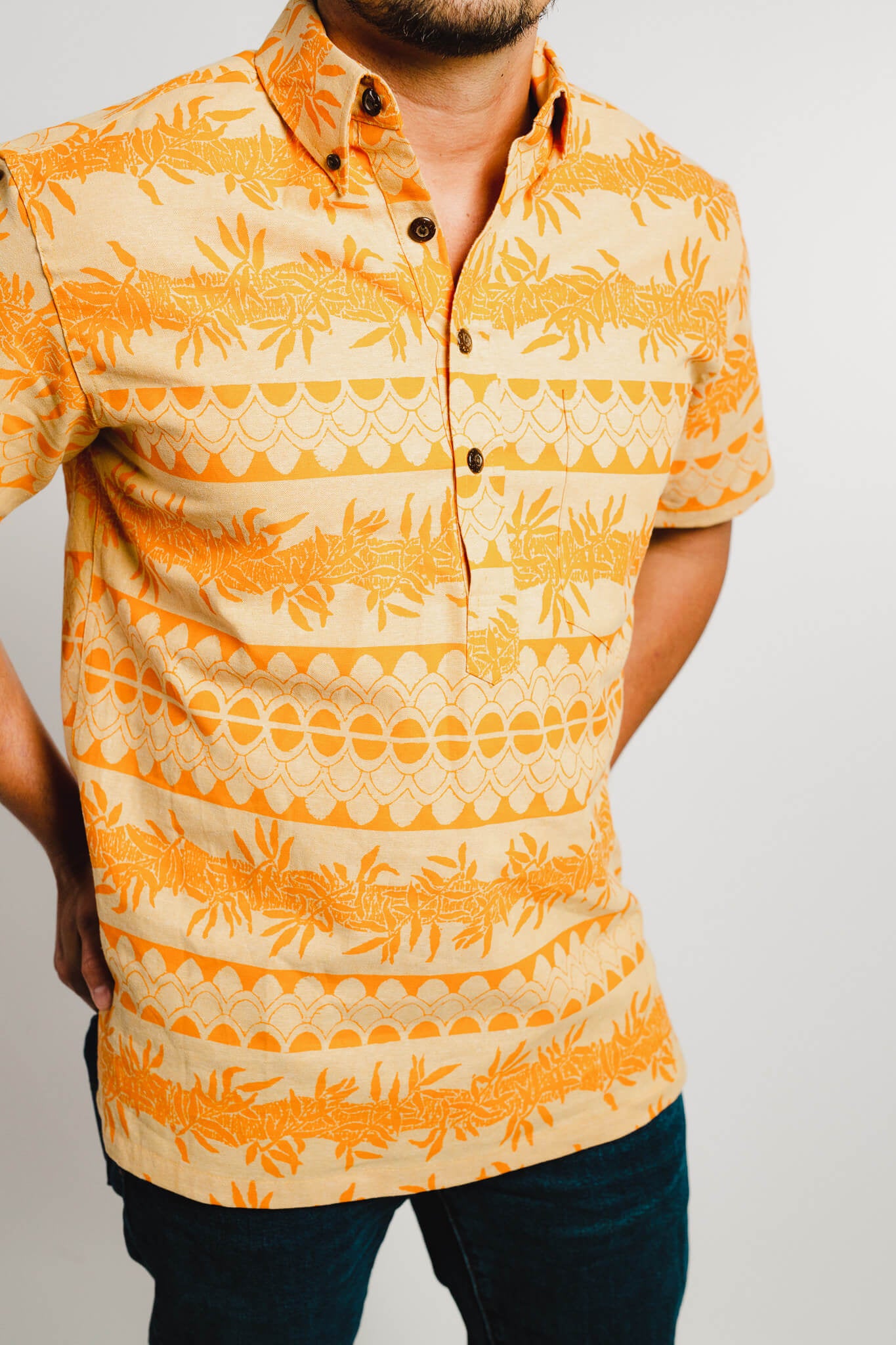 Maile ʻIlima Tapa Print in Kumquat Pull-over Aloha Shirt on Ochre Yarn Dyed  Linen